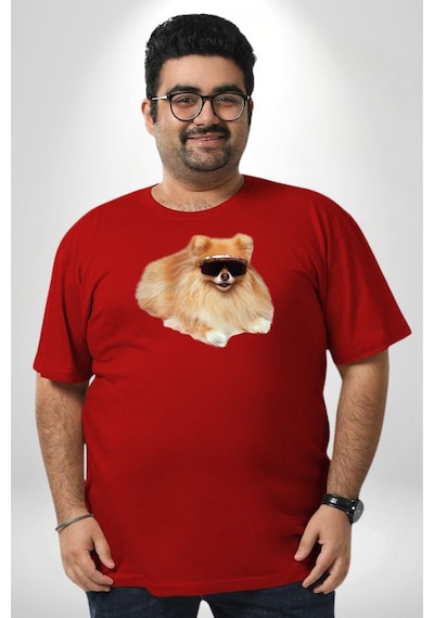 Angemiel Pomernian Köpek Kırmızı Büyük Beden Erkek Kadın Unisex Basic Ön Baskılı Tişört Kırmızı