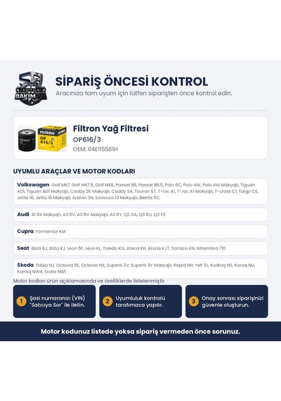 Filtron Op616/3 Yağ Filtresi - Golf 7-8 / Passat B8 / Polo 5-6 1.0-1.5 Tsı / 1.0 Mpı