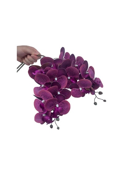 4lü Set Yapay Çiçek Koyu Mor Islak Orkide Ve 2 Adet Orkide Yaprağı Gerçeksi Doku Uzun Dal 90cm