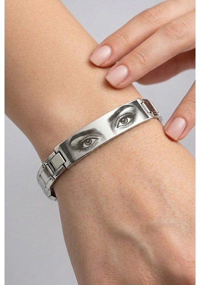 Kişiye Özel Göz Resim Baskılı İtalyan Charm Plakalı Unisex Çelik Bileklik Scb93g Gri