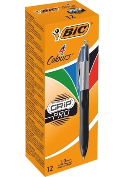 4 Colours Grip Pro Tükenmez Kalem 12&apos Li Kutu, Kauçuk Tutacak, 1.0mm Uç, Tek Kalemde Mavi, Kırmızı, Yeşil Ve Siyah Renkler -