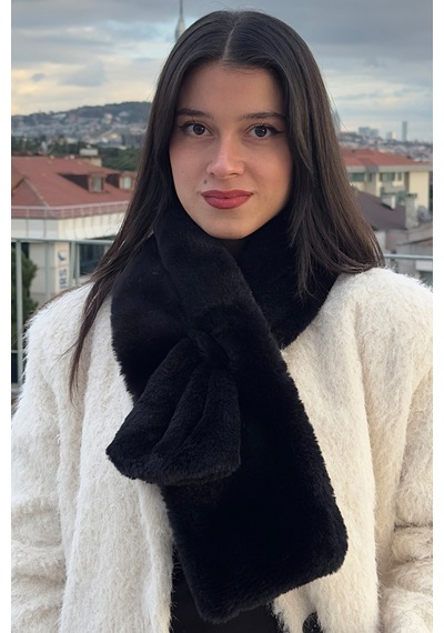 Mollycrush Kadın Siyah Peluş Atkı Kışlık Şık Suni Kürklü Siyah