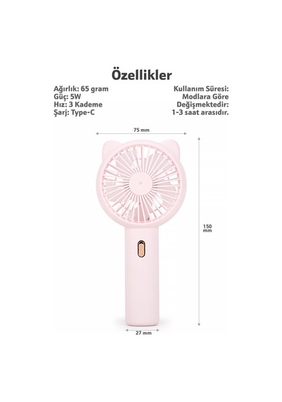 3 Modlu Şarjlı El Fanı 3 Kademe Seyahat Masaüstü Vantilatör Taşınabilir Mini Fan Pembe F136