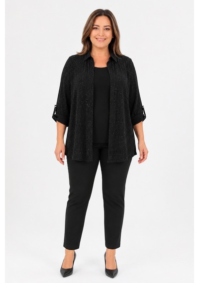 Bihan Store Kadın Apoletli Simli Gömlek Bluz İkili Takım Y26-50132 - Siyah SİYAH