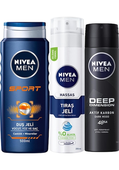 Nivea Men Sport Erkekler İçin Saç Ve Vücut Şampuanı 500 ML + Hassas Tıraş Jeli 200 ML + Deep Dimension Deodorant 150 ML
