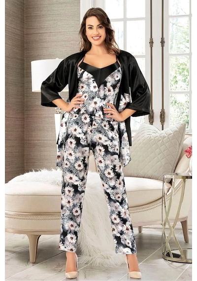 Faal 4910 Kadın Saten Sabahlıklı İp Askılı Pijama Takım-siyah Siyah