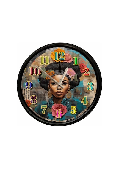 Etnik Afrikalı Kadın Sanat Ve Çiçek Temalı Dekoratif Duvar Saati 28 Cm Sessiz Mekanizma Çok Renkli