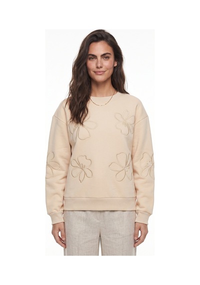 Onloox Kadın Bej Bej Pamuklu Üç İplik Şardonlu Bisiklet Yaka Düşük Omuz Çiçek Eva Nakış Detaylı Sweatshirt