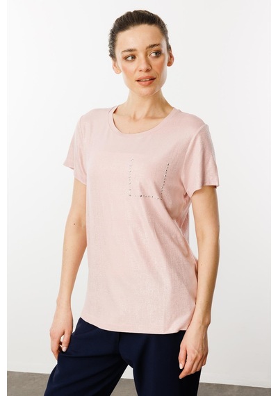 Kadın Sıfır Yaka Düşük Kollu T-shirt Pudra Pudra