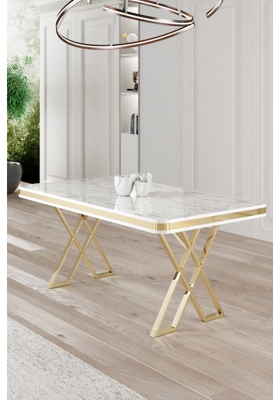 Canisa Rigel Serisi 80x130 Lak Panel Sabit Masa Beyaz Mermer Desen Gold Ayaklı Masa Beyaz Mermer Desen Ayaklar Gold