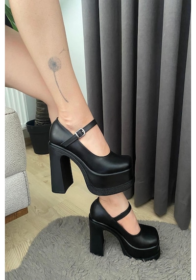 Preshley Kadın Napoli Siyah Tek Baretli 12 Cm Platform Topuklu Ayakkabı Siyah