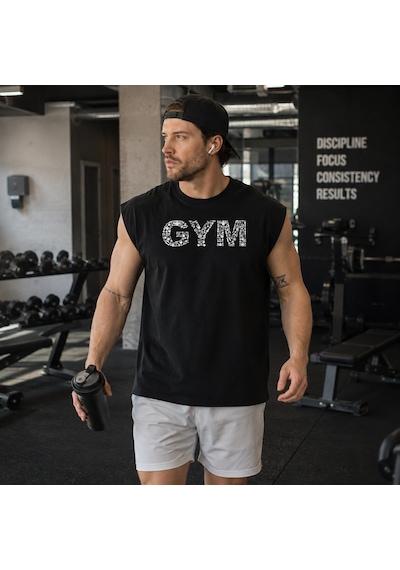 Urbantrendstore Baskılı Sporcu Atleti Gym Tişört %100 Pamuklu T-shirt Açık Siyah