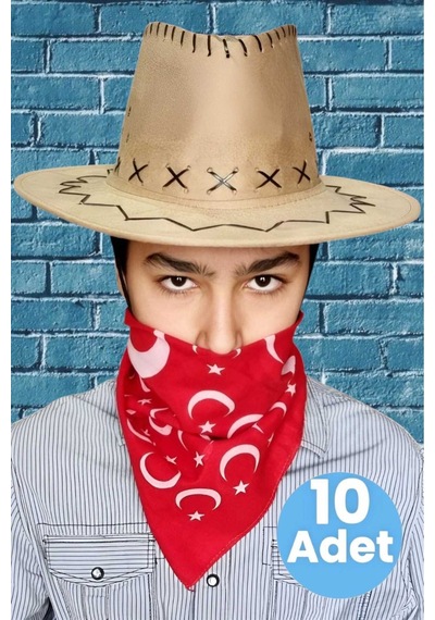 Uniquetrenders Çocuk Unisex Bandanalı 10'lu Nubuk Kovboy Şapkası 8-14 Yaş Koyu Bej 4
