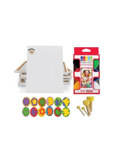 Çocuklar İçin Parmak Boyası Seti 25x35 Tuval + Pon Pon Fırçalı Baskı Kalıplı 23 Parçalı Set