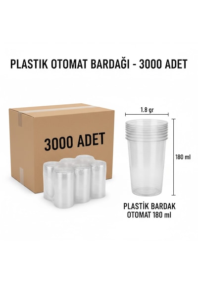 Lindera Plastik Pet Bardak, 180 Cc Otomat Bardağı, 3000 Adetli - Tam Koli İle Ekonomik Paket Şeffaf