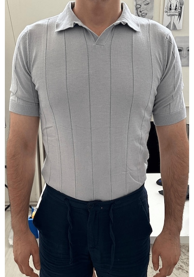 Erkek Çizgili Kısa Kollu Triko T-shirt Gri