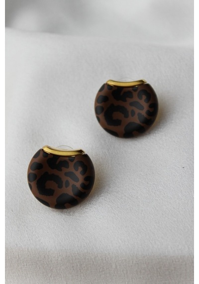Leopar Desenli Düğme Model Küpe Koyu Kahve