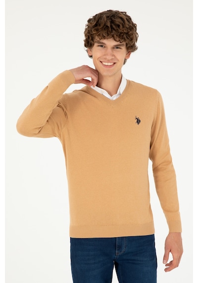 U.S. Polo Assn. Erkek Slim Fit V Yaka Camel Melanj Basic Kazak 50293512-VR122