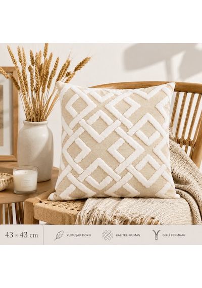 Maze 43x43 Cm Dekoratif Kırlent Kılıfı Geometrik Dokulu Modern Koltuk Yastık Kılıfı Bej