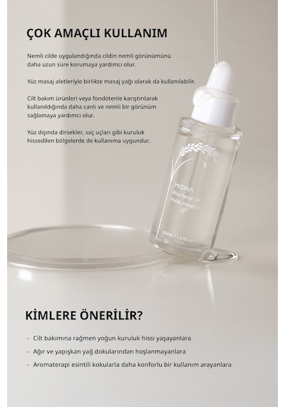 Midha Rice Facial Yoğun Nemlendirici ve Besleyici Pirinç Kepeği Yağı İçerikli Yüz Bakım Yağı 30 ML