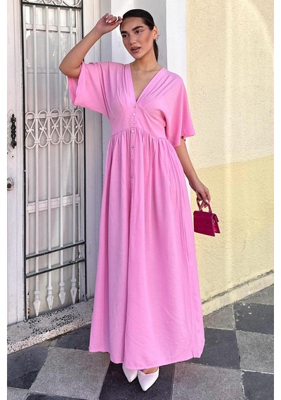 Madmext Pembe V Yaka Düğmeli Elbise Mg2339 Pembe