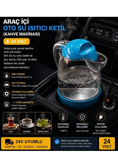 Vezir Vzr-10 Araç İçi Su Isıtıcı Otomatik Rezistanslı Kahve Makinesi Kettle 1 Lt 24 Volt