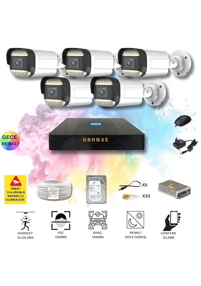 5 Kameralı Set - Yapay Zeka Özellikli Gece Renkli Gösteren 5mp Sony Lensli 12 Warm Ledli Fullhd Güvenlik Kamerası Seti 312w-9008