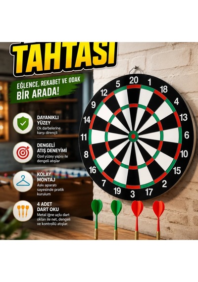 12 İnç Ahşap Dart Tahtası Seti 4 Metal Uçlu Dart Oku İle