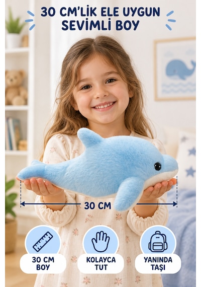 30 Cm Mavi Yunus Balığı Peluş Oyuncak Yumuşacık Sarılmalık Sevimli Deniz Hayvanı Çocuk Oyun Arkadaşı