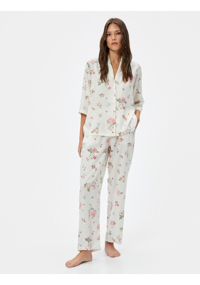 Koton Çiçekli Pijama Altı Cepli Beli Lastikli Ekru Desenli 4slk50046mw Ekru