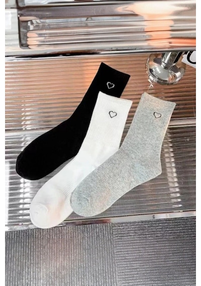 Hitit Socks Kadın 6 Çift Premium Kalite Kalp Detaylı Tenis Çorap Siyah Beyaz Gri ASORTİ