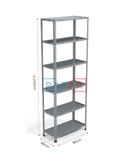 Rafax, 40x90xH:250, 6 Raflı Çelik Raf, Depo Rafı, Arşiv Rafı Gri