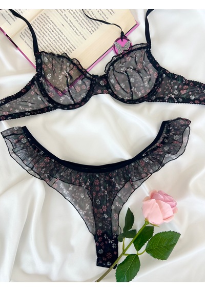 Arinda Butterfly Siyah Tül Çiçek Desenli Balenli Kapsız Fırfırlı Bralette Sütyen Tanga İç Çamaşırı Takımı Alt Üst 2 Parça