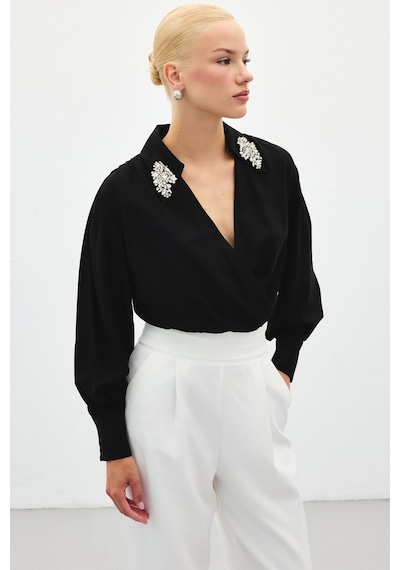 Sateen Aksesuar Detaylı Bodysuit Bluz - Siyah-134783
