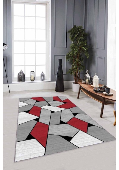 Kırmızı Geometrik Kaymaz Tabanlı Dekoratif Halı Wl06n11