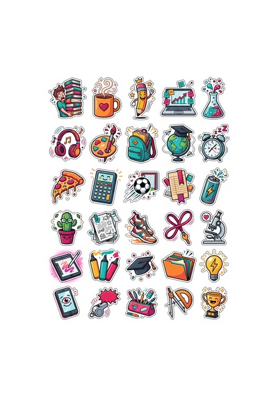 30 Adet Enerjik Öğrenci Hayatı Sticker Seti - Laptop Defter Telefon İçin Çok Renkli