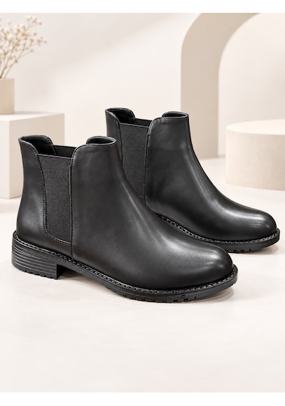 Dabab Shoes Maral Kadın Siyah Cilt Yuvarlak Burun Lastik Detaylı 3 Cm Topuklu Kaymaz Taban Chelsea Bot Bootie