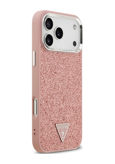 Apple Uyumlu iPhone 17 Pro Max Kılıf Guess Lisanslı M-safeli Metal Kamera Çerçeveli Üçgen Logolu Glitter Pembe Pembe