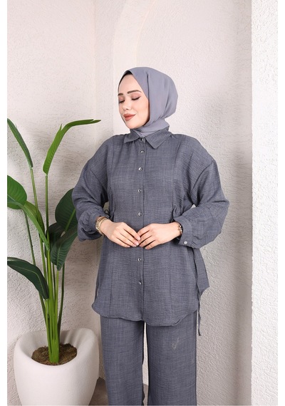 Hira Life Fashion Kadın Çilek Kumaş Gömlek Yaka Önü Düğmeli Yandan Bağcıklı Gömlek Tunik-pantolon İkili Takım Gri Gri