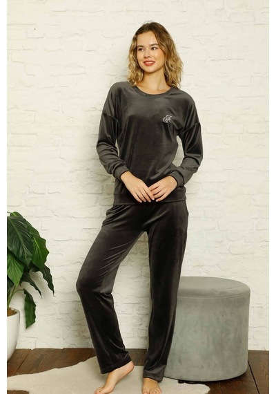 Farya Home Luxury Velvet Collection İpeksi Kadife Pijama Takımı Füme
