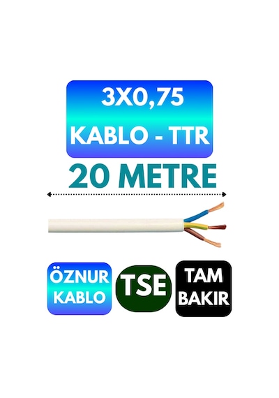 Öznur 3x0,75 Ttr Kablo Beyaz Metre Seçenekli - 20 Metre