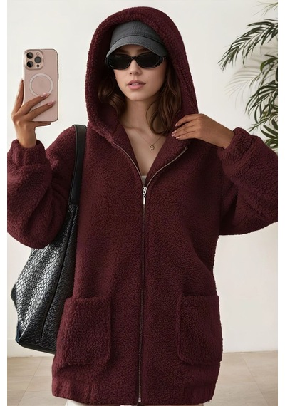 Aclassics Peluş Kuzu Kıvırcık Torba Cepli Kolej Mont Siyah Ks2526 Bordo