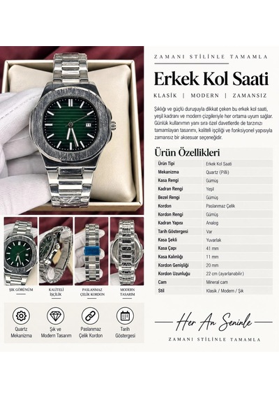 Patek Philipp Eyeşil Kadran Erkek Kol Saati Gümüş