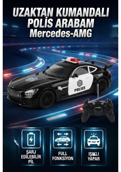 Mercedes Amg Tasarımlı 1:16 Ölçekli 2.4 Ghz Full Fonksiyon Şarjlı Uzaktan Kumandalı Polis Aracı Siyah