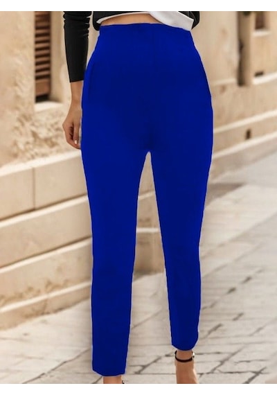 Efnaz Style Kadın Çima Detay Ithal Krep Pantolon Saks Mavi