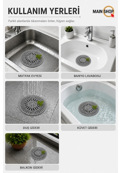 Mainshop 1 Adet Gri Yuvarlak Silikon Süzgeç 12 Cm Lavabo Ve Küvet Süzgeci, Lavabo Tıkacı M-140