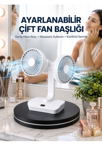 Ayarlanabilir Hızlı Çift Başlıklı Masaüstü Fan Gece Lambalı Serinletici - Lisinya 07115477