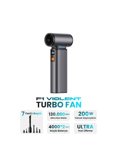 F1 Violent Turbo Jet Fan 130000rpm Ultra Güçlü Motor Güçlü Vakum 4000mah Bataryalı Üflemeli