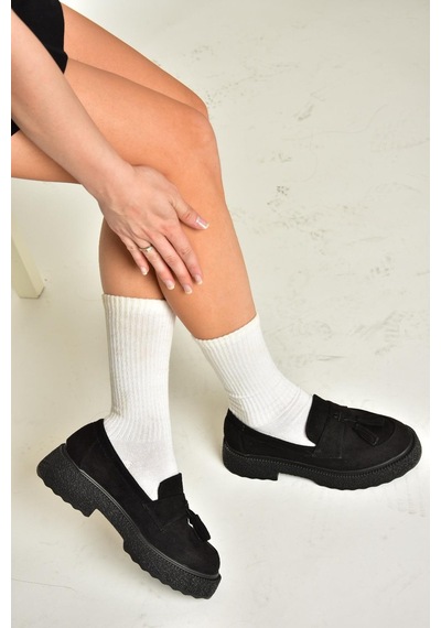 Fox Shoes T996193002 Siyah Süet Kalın Tabanlı Makosen Ayakkabı Siyah