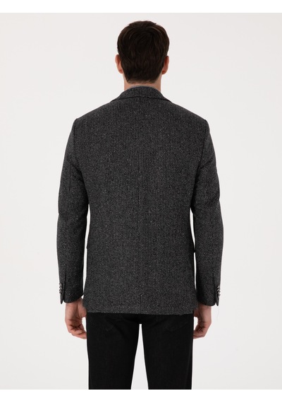 Cacharel Siyah Slim Fit İpek Kaşmir Karışımlı Mikro Desenli Blazer Ceket